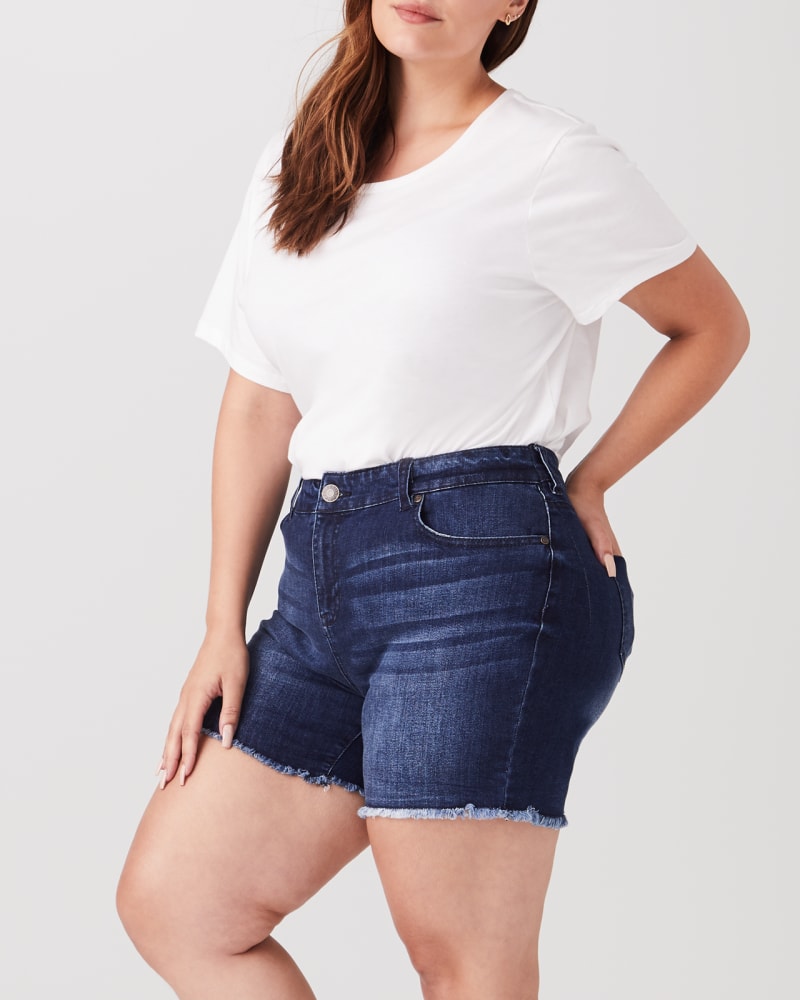 Side of plus size Merida Fray Hem Stretchy Denim Short by Molly & Isadora | Dia&Co | dia_product_style_image_id:141619